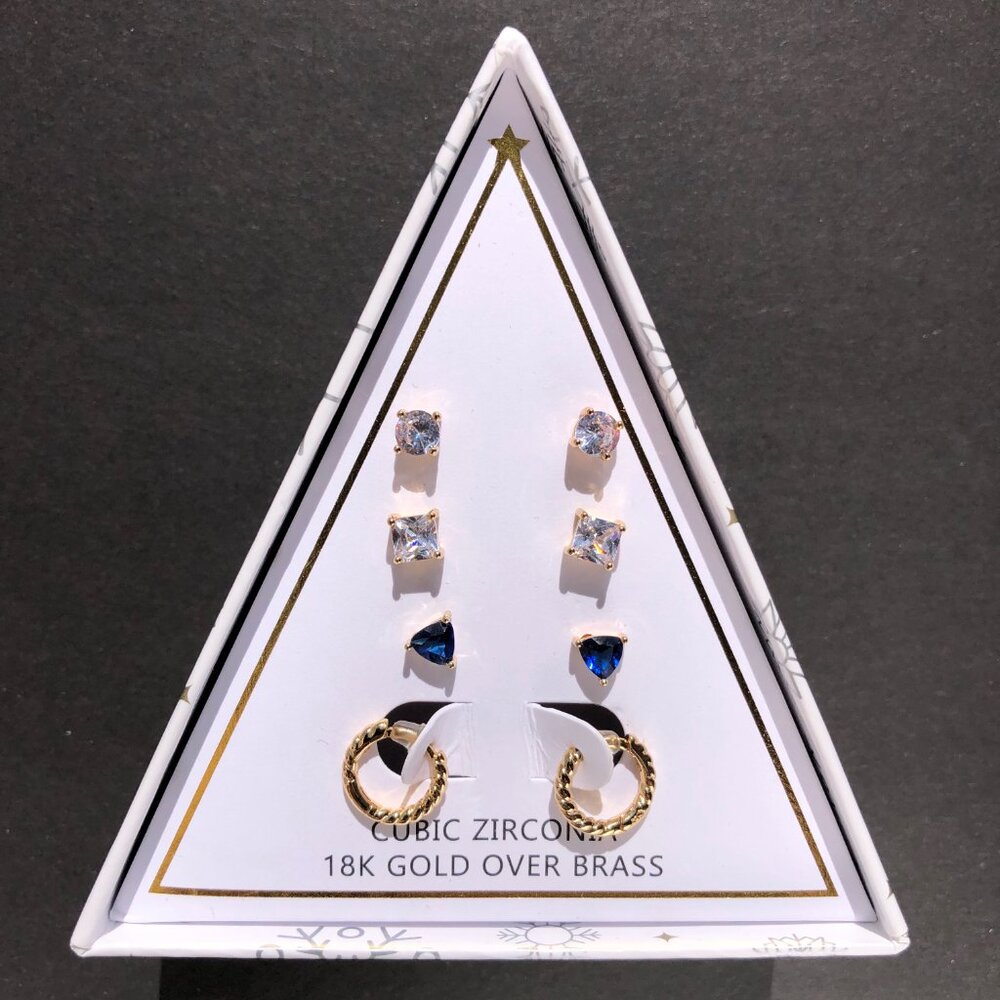 4 Earring Set Stud Hoop Cubic Zirconia 18K Gold Plated Brass by And Now This - Picture 2 of 10